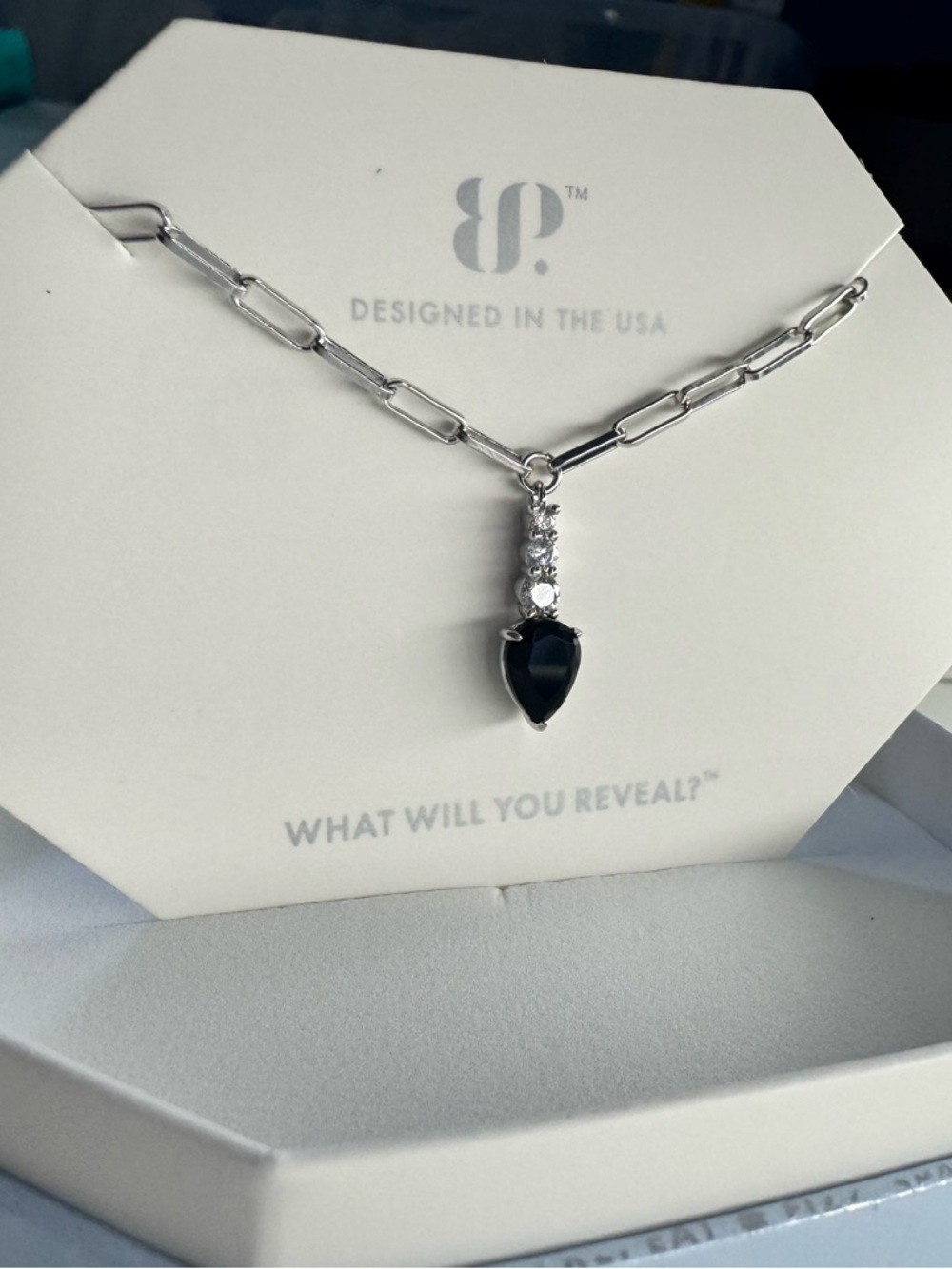 BP rhodium paperclip chain Necklace with Black Onyx Pendant